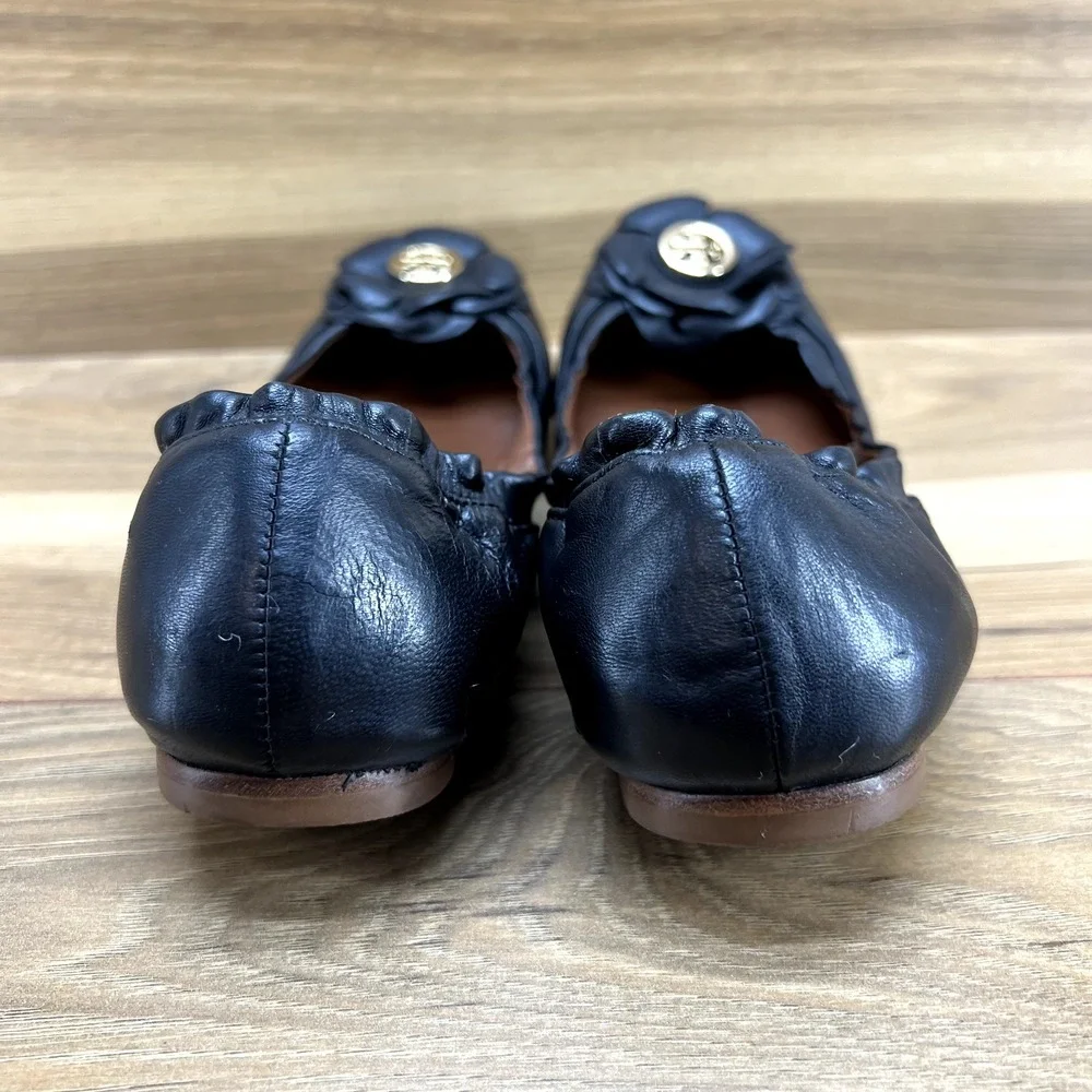 Tory Burch Women Flats 6 M Shelby Black Flower Applique Stretch Ballet